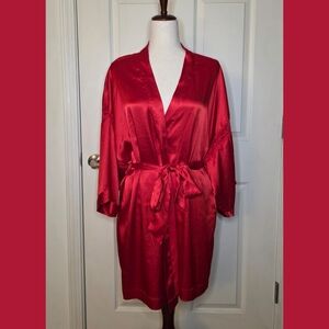 2010 Y2K Victoria's Secret Red Satin Lace Trim Tie Robe